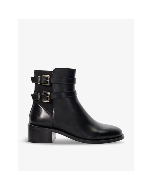 Dune Black Patter Double-Buckle Leather Heeled Ankle Boots