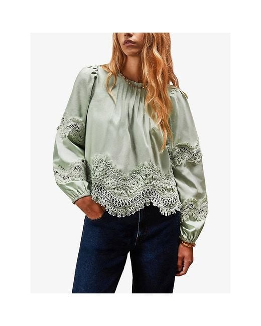 Ro&zo Green Lace-Embroidered Long-Sleeve Cotton Blouse