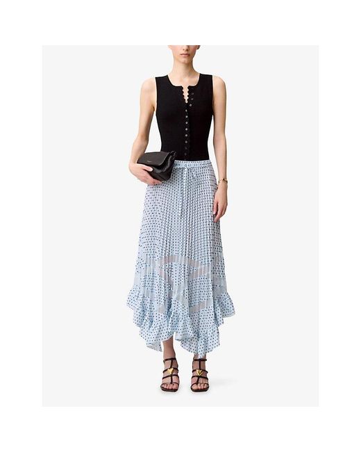 Claudie Pierlot Blue Polka-Dot Lace-Trim Woven Midi Skirt