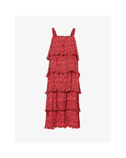 Ganni Red Flounce Floral-pattern Recycled-polyester Midi Dress