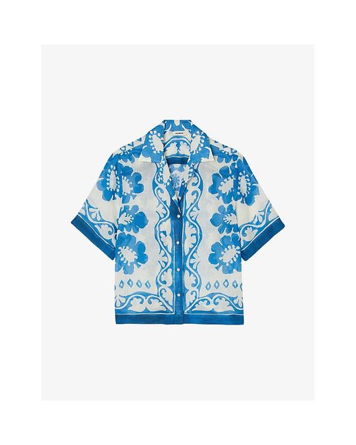 Sandro Blue Graphic-print Short-sleeved Woven Shirt
