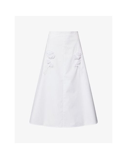 Huishan Zhang White Ottavia Embroidered Cotton-Blend Midi Skirt