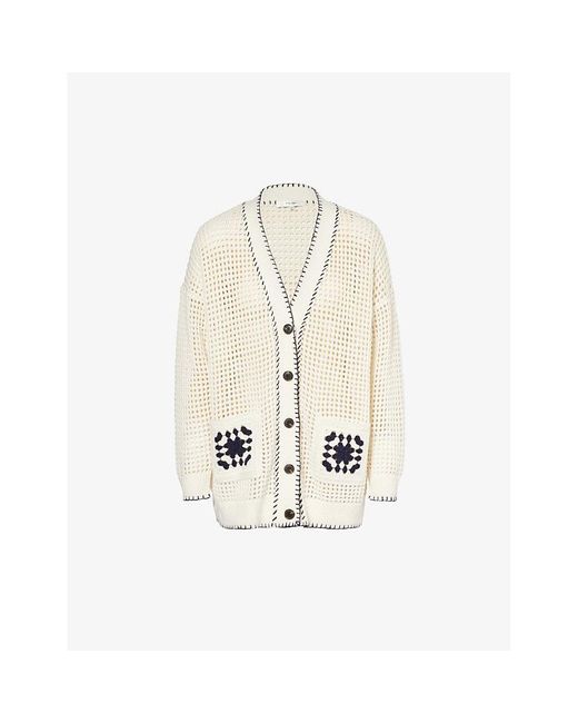 FRAME White Crochet Pocket V-neck Cotton-blend Cardigan