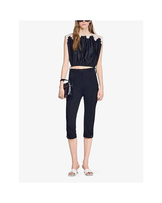 Sandro Black Lace-Trim Cropped Satin Top