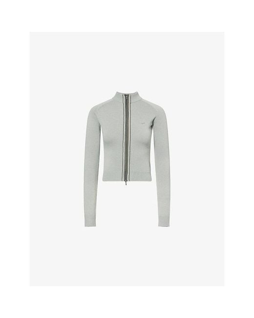 ADANOLA White Funnel-Neck Striped Knit Cardigan
