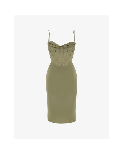House Of Cb Green Myrna Corset Satin Dress