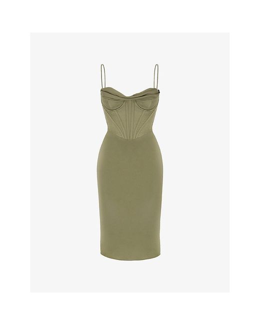 House Of Cb Green Myrna Corset Satin Dress