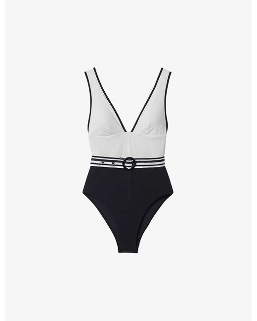 Reiss White/vy Willow Striped-belt Swimsuit