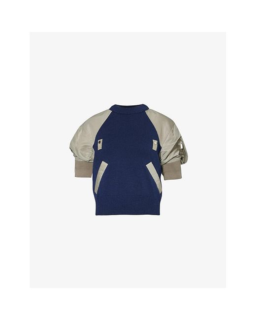 Sacai Blue Vy Khaki Puffed-sleeve Cotton-blend Knitted Top