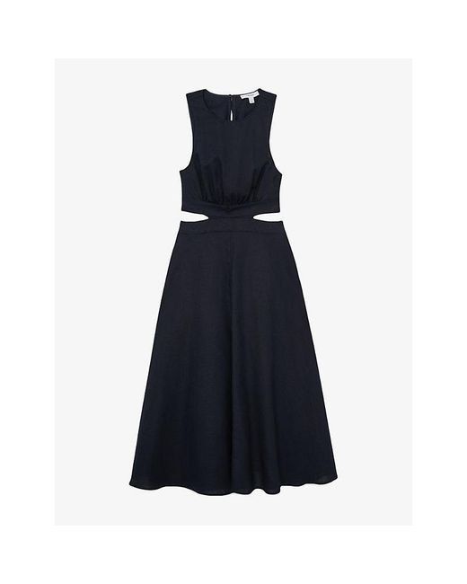 Reiss Blue Hazel Cut-Out Linen And Cotton Midi Dress
