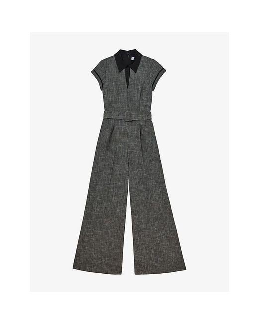Reiss Gray Bella Collared Wide-Leg Belted Woven Jumpsuit