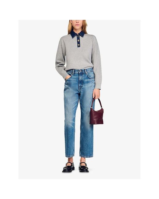 Sandro Gray Denim Button-Down Polo-Collar Knitted Jumper