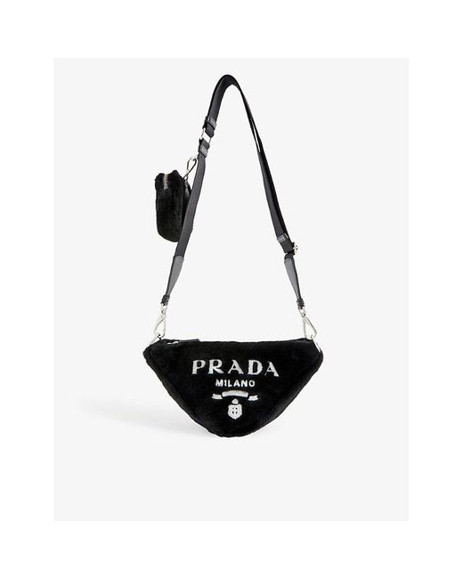 Prada White Triangle Shearling And Leather Cross-body Bag