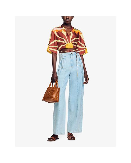 Sandro Red Graphic-print Cropped Silk Shirt