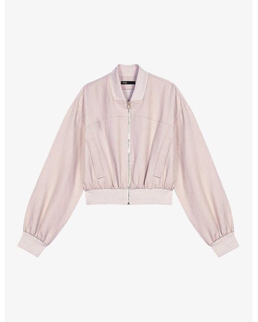 Maje Pink Ribbed-neck Cropped Cotton And Linen-blend Bomber Jacket