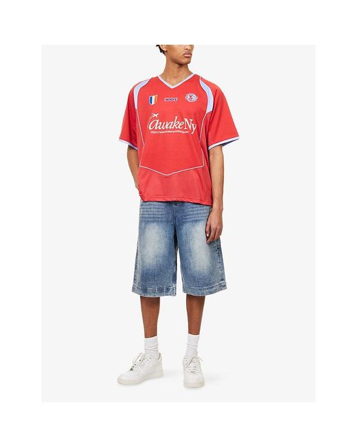 AWAKE NY Red Football Logo-Patch Jersey T-Shirt for men