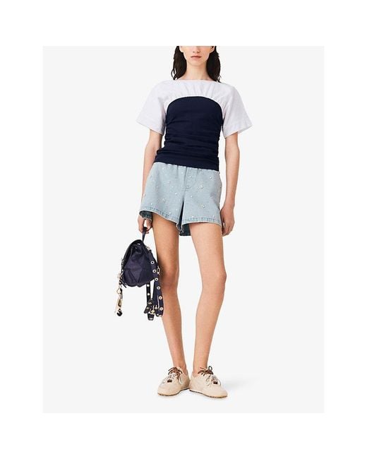 Maje Blue Contrast-Panel Pleated Stretch-Jersey Top