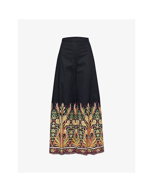 Etro Blue Patterned Centre-crease Wide-leg High-rise Stretch-cotton Trousers