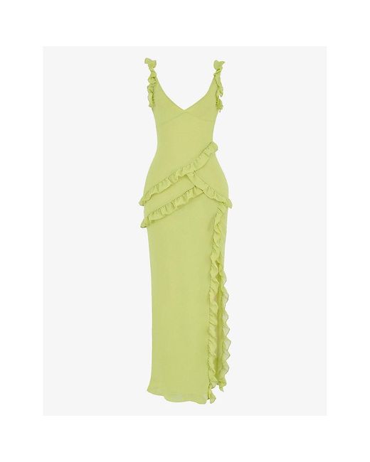 House Of Cb Green Pixie Ruffled Mesh Maxi Dress