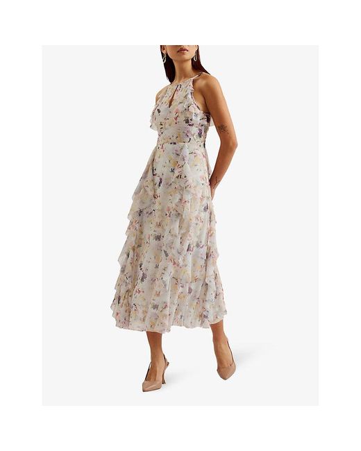 Ted Baker Natural Lauriin Floral-print Stretch-woven Midi Dress