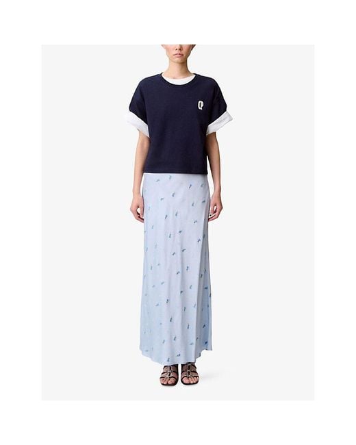 Claudie Pierlot Blue Floral-Embroidered High-Rise Satin Maxi Skirt