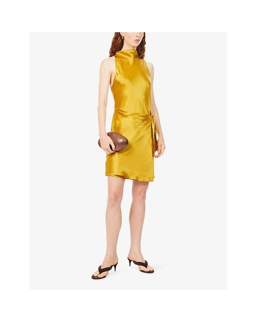 Reformation Yellow Stelliana Cowl-Neck Silk-Charmeuse Mini Dress