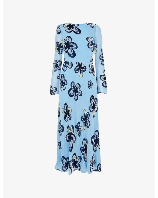 Whistles Blue Hazy Floral Velvet Midi Dress