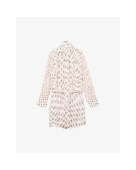 Reiss White Dottie Tie-Neck Polka-Dot Woven Mini Dress