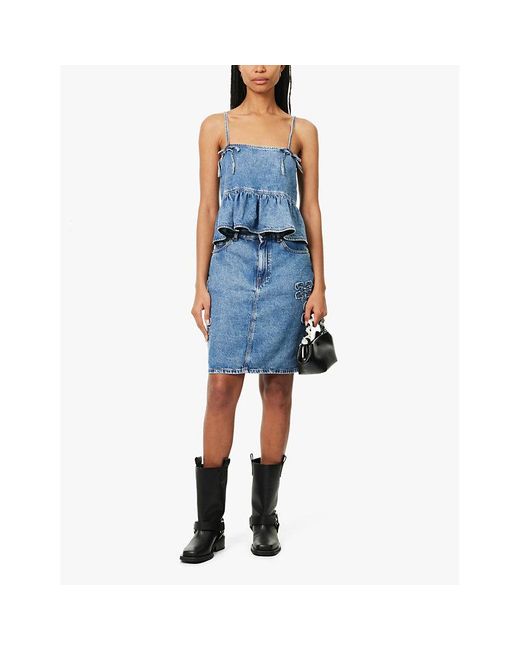 Ganni Blue Mid Stone Split Faded-Wash Organic-Denim Blend Mini Skirt