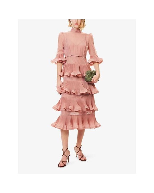 Zimmermann Pink Ruffle Quarter-Sleeve Woven Midi Dress