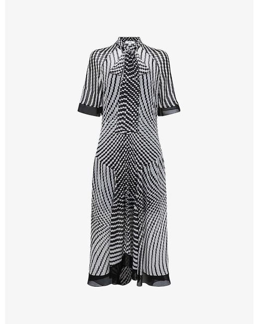 Reiss Gray Anaya Check Asymmetric-hem Woven Midi Dress