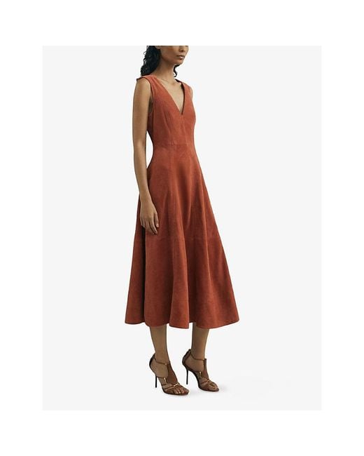 Reiss Brown X Atelier Nola V-Neck Suede Midi Dress