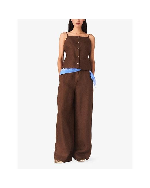 Maje Brown Square-Neck Button-Down Linen Top