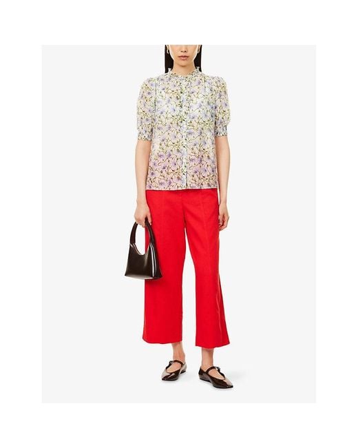 ME+EM White Twisting Poppy Floral Graphic-Print Silk-Cotton Blouse
