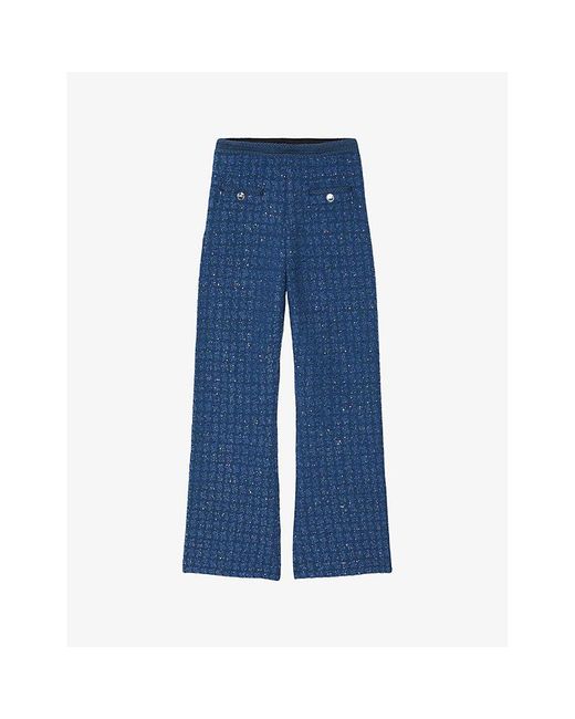 Sandro Blue Sequin-embellished Flared-leg Mid-rise Stretch-knit Trousers