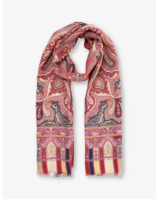 Etro Red Paisley-print Fringed Cashmere And Silk-blend Scarf