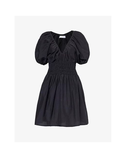 Faithfull The Brand Black Salone V-neck Gathered-waist Silk And Cotton-blend Mini Dress