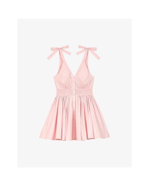 Maje Pink Flared Smocked-Waist Cotton Mini Dress
