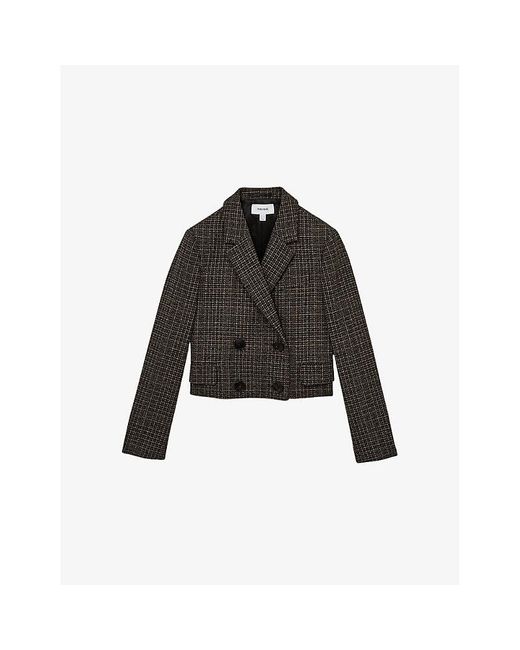 Reiss Black Vienna Double-Breasted Cropped Wool-Blend Blazer