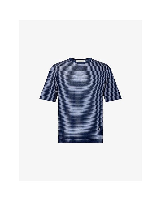 AMI Blue Adc-Embroidered Striped Cotton-Jersey T-Shirt for men