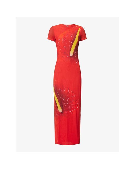 Loewe Red Anthurium Graphic-print Stretch-mesh Maxi Dress