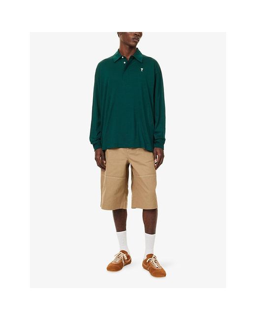 AMI Green Embroidered Ami De Coeur Cotton-Jersey Polo Shirt for men
