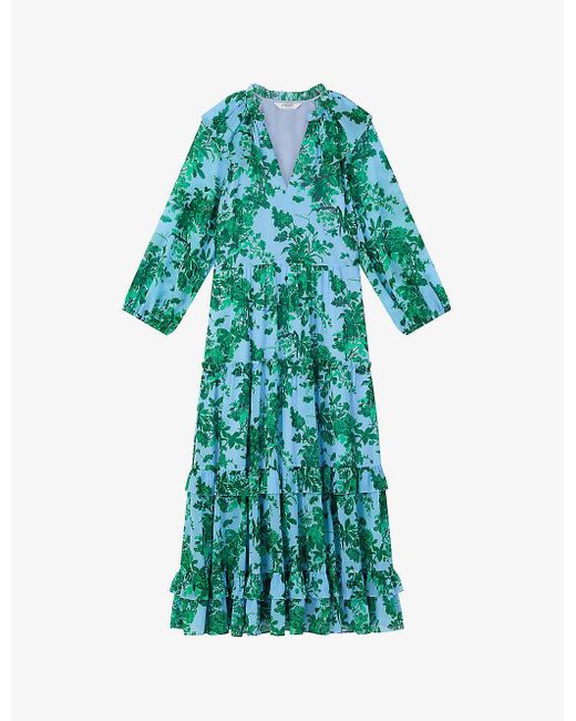 L.K.Bennett Green Eleanor Floral-print Tiered-hem Woven Midi Dress