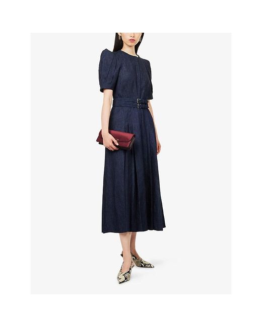 Gabriela Hearst Blue Patricia Pleated Belted Cotton-And-Linen Midi Dress