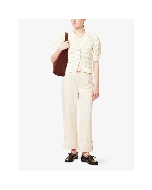 ME+EM White Pouf-Sleeve V-Neck Knitted Cardigan