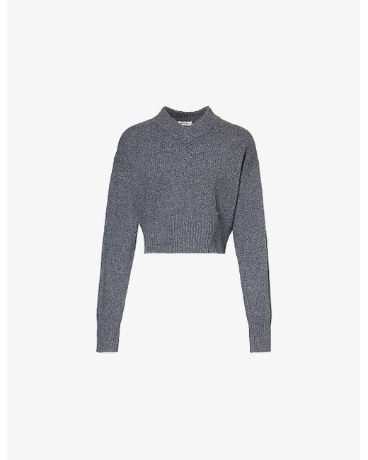 ADANOLA Blue V-neck Cropped Knitted Sweater