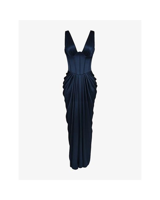 House Of Cb Blue Angeline Corset Satin Maxi Dress Xs (A-C Cup)