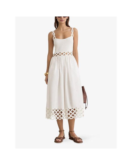 Reiss White Rita Cut-Out Knitted And Cotton Midi Dress