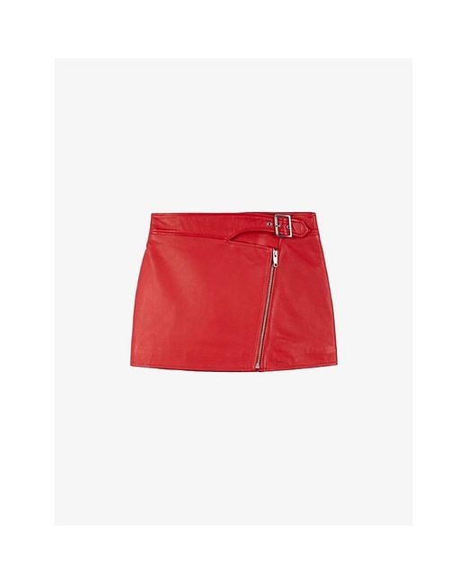 The Kooples Red Buckle-Embellished Zipped Leather Mini Skirt