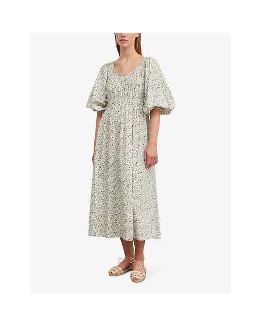 Skall Studio Gray Carole Floral-print Puff-sleeve Organic-cotton Midi Dress
